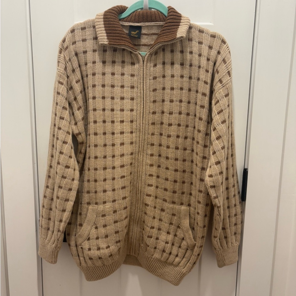 Mens Alpaca Zip Up Jacket Size XL Cream/Brown Mock Neck Long Sleeves